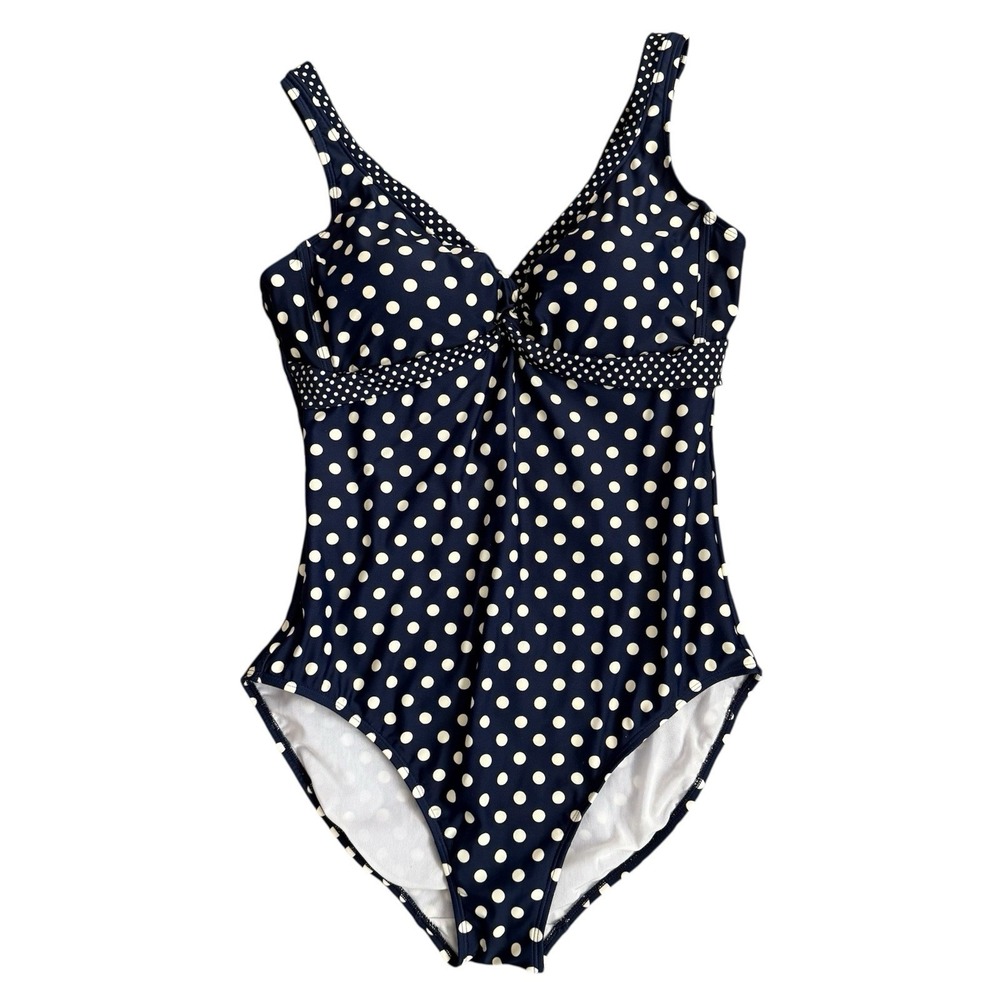 Boden Polka Dot One Piece Swimsuit Womens 14 Navy Cream Beach Vacation Cruise